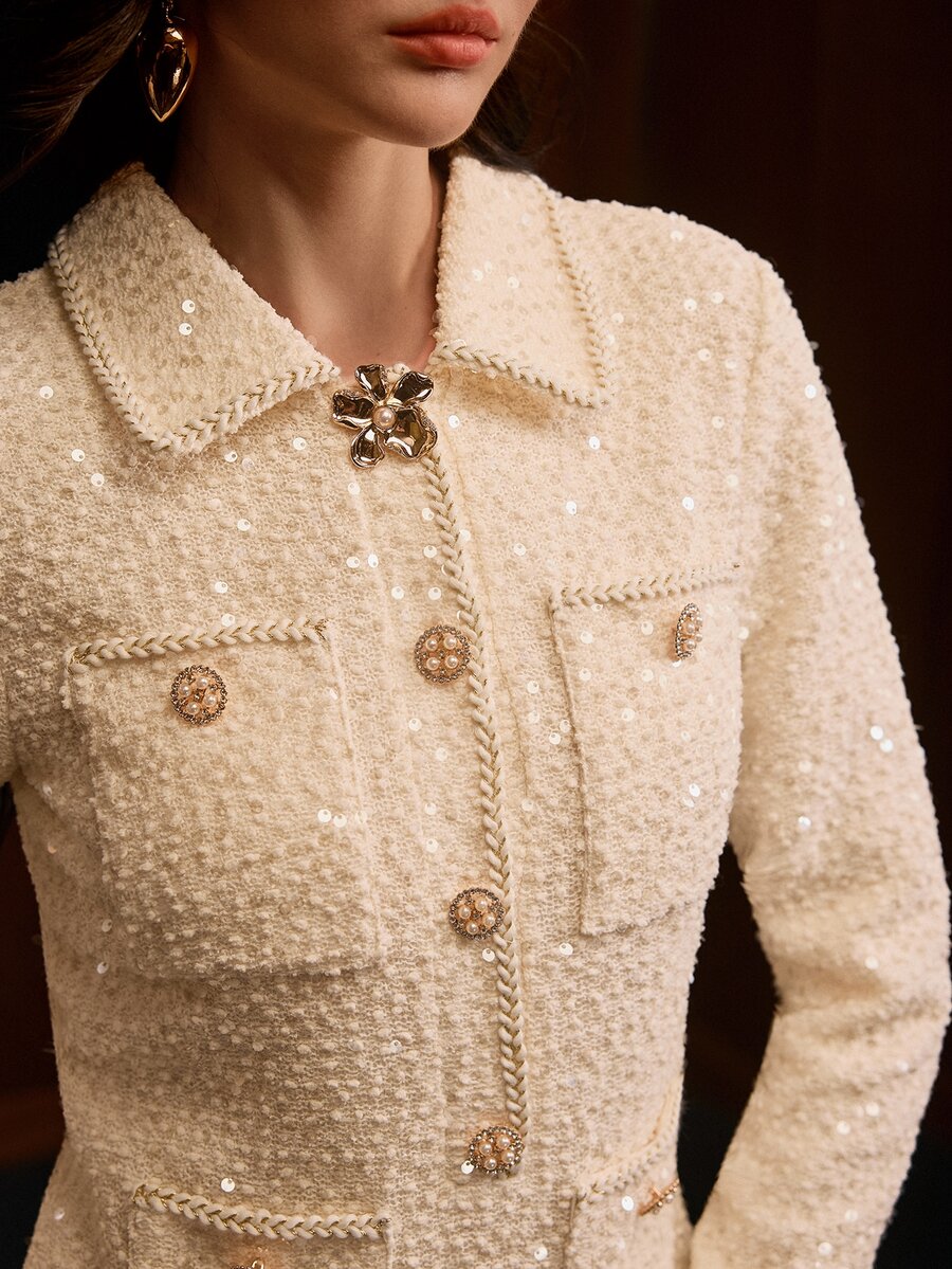 MOTF PREMIUM WOMEN'S AUTUMN/WINTER SEQUIN RUFFLE HEM SHORT DRESS - Beige - View 1
