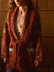 MOTF STUDIO VINTAGE JACQUARD TASSEL KNIT CARDIGAN - Red - View 3