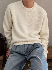 Claim Dot Old Money Men's Casual Solid Color Round Neck Drop Shoulder Long Sleeve Sweater, Autumn/ Formal Vacation Off-White - Beige - View 3