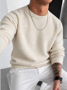Claim Dot Old Money Men's Casual Solid Color Round Neck Drop Shoulder Long Sleeve Sweater, Autumn/ Formal Vacation Off-White - Beige - View 4