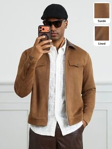 HUEFORM Jaket Pria Cokelat Model Longgar dengan Kerah Berlipat, Kerah Kontras, Penutup Resleting, Satu Saku Tempel, Gaya Pakaian Kerja, Atasan Kasual untuk Perjalanan Bisnis - Khaki - View 8