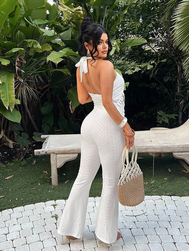SHEIN SXY Women's Textured Embroidery Halter Jumpsuit With Tassel Trim, For Vacation, Women Summer Clothing, All White Party Outfit - White - View 2