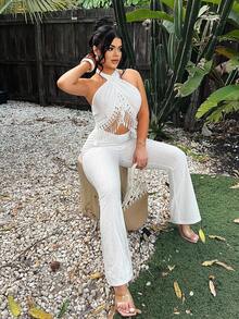 SHEIN SXY 女式纹理刺绣露背连体裤，带流苏饰边，适合度假、女士夏季服装、全白派对装 - 白色 - 查看 5