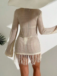 SHEIN Swim Basics Holiday Beach Solid Color Hollow Knitted Fringe Hem See-Through Mini Cover-Up Dress,Summer Beach - Apricot - View 6