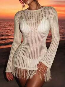 SHEIN Swim Basics Holiday Beach Solid Color Hollow Knitted Fringe Hem See-Through Mini Cover-Up Dress,Summer Beach - Apricot - View 5
