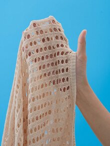 SHEIN Swim Basics Holiday Beach Solid Color Hollow Knitted Fringe Hem See-Through Mini Cover-Up Dress,Summer Beach - Apricot - View 8