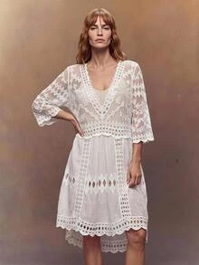 SHEIN Swim 女式几何刺绣网眼深V领七分袖罩衫连衣裙 - 白色 - 查看 3