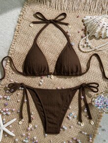 SHEIN Swim 女款度假海灘優雅紋理串珠掛脖純色泳衣套裝，適合夏季 - 咖啡棕 - 查看 1