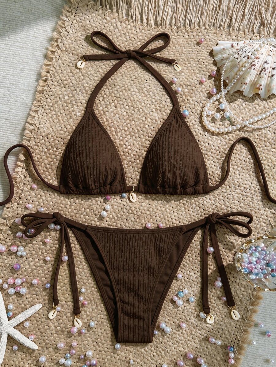 SHEIN Swim 女款度假海灘優雅紋理串珠掛脖純色泳衣套裝,適合夏季 - 咖啡棕 - 查看 1
