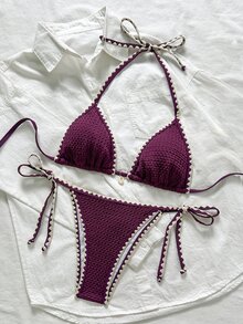 Swim Mod 女士纯色提花面料荷叶边系带两件式比基尼套装，夏季 - 紫色 - 查看 3