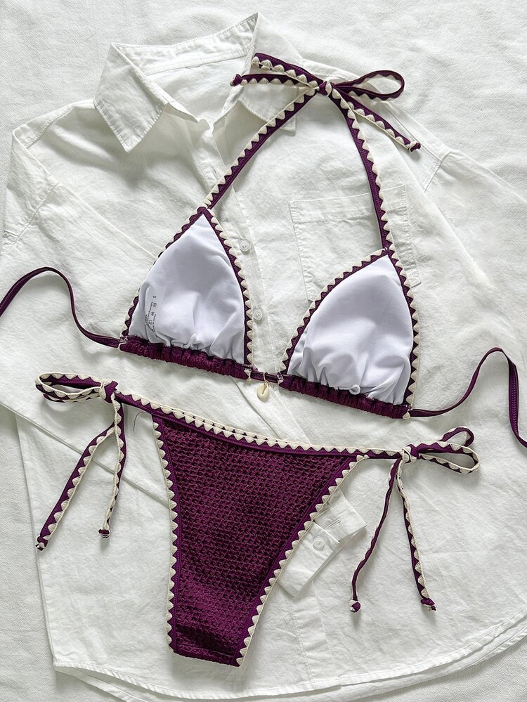 Swim Mod Conjunto de bikini de 2 piezas con tirantes de lazo y volantes de tela jacquard de unicolor para mujer, verano - Morado - Añade 2