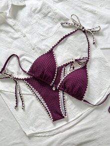 Swim Mod 女士纯色提花面料荷叶边系带两件式比基尼套装，夏季 - 紫色 - 查看 1