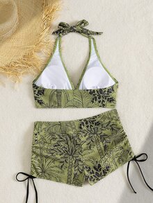 SHEIN Swim 这款女士成熟优雅度假风两件式泳衣套装，采用吊带V领上衣，饰以热带植物印花和黑色拼接，并以金色丝带点缀，搭配简约的抽绳平角泳裤。非常适合度假穿着，是春假、返校季、节假日、春季促销和海滩休闲活动的理想之选。女士夏季泳装比基尼套装，女士海滩套装，女士两件式海滩套装，Zestiva泳装，Yummy Control Ba - 彩色 - 查看 8