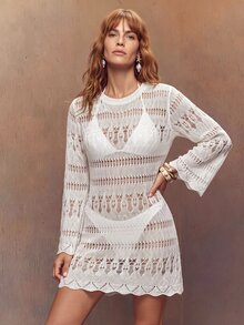 SHEIN Swim فستان ساحلي قص مجوف مقلم شكل اقواس اكمام منتفضة - أبيض - مشاهدة 5