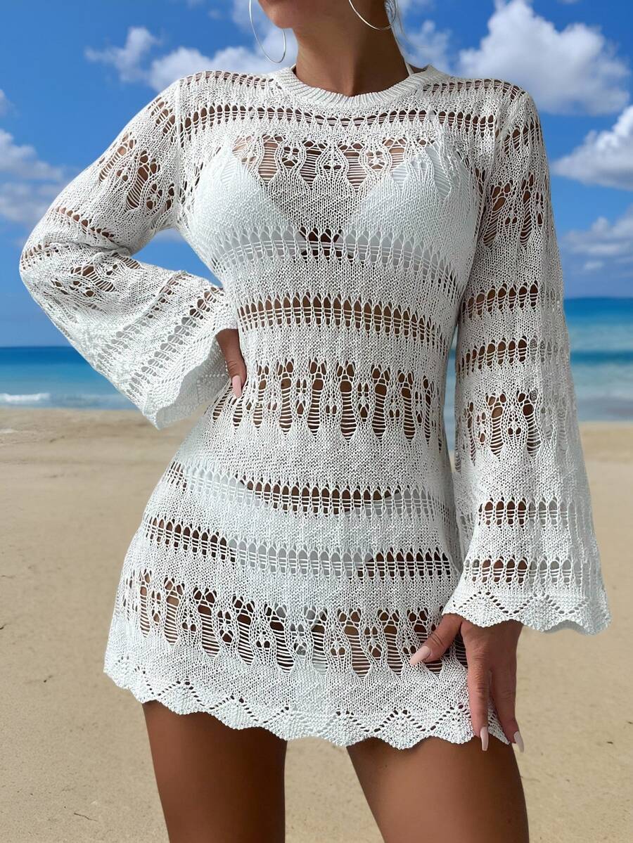 SHEIN Swim فستان ساحلي قص مجوف مقلم شكل اقواس اكمام منتفضة
