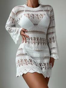SHEIN Swim فستان ساحلي قص مجوف مقلم شكل اقواس اكمام منتفضة - أبيض - مشاهدة 7