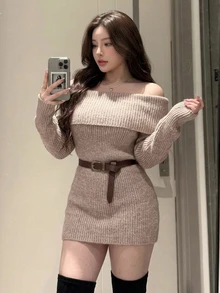 Dazy Plus Elegant Korean Style Solid Color Off-Shoulder Large Collar Casual Long Sleeve Sweater, Autumn/Winter New - Khaki - View 3