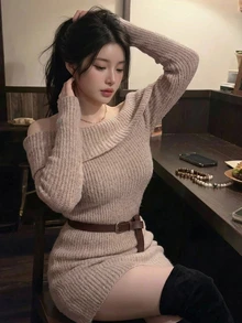 Dazy Plus Elegant Korean Style Solid Color Off-Shoulder Large Collar Casual Long Sleeve Sweater, Autumn/Winter New - Khaki - View 5