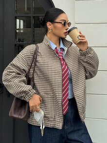 Dazy Plus Jaket Ukuran Besar Berbahan Campuran Wol dengan Lapisan Termal, Potongan Longgar, Motif Argyle Kasual Bisnis, Patchwork Blok Warna Cokelat, Jaket Streetwear Luar Ruangan, Jaket Kotak-kotak Musim Gugur - Coklat - View 11