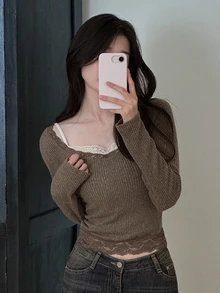 DAZY Women's Textured Ribbed Fabric Slim Fit Long Sleeve Lace Trim Casual Vacation Korean Style Spring Autumn T-Shirt - Green - View 4