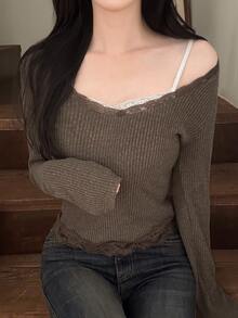 DAZY Women's Textured Ribbed Fabric Slim Fit Long Sleeve Lace Trim Casual Vacation Korean Style Spring Autumn T-Shirt - Green - View 7