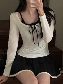 DAZY 女款拼接撞色 2 合 1 修身長袖掛脖抓褶休閒度假韓風春夏秋 T-shirt 上衣 - 白色 - 查看 3