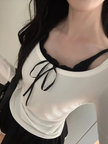 DAZY 女款拼接撞色 2 合 1 修身長袖掛脖抓褶休閒度假韓風春夏秋 T-shirt 上衣 - 白色 - 查看 8
