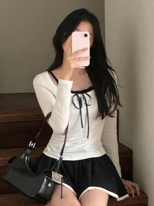 DAZY 女款拼接撞色 2 合 1 修身長袖掛脖抓褶休閒度假韓風春夏秋 T-shirt 上衣 - 白色 - 查看 4