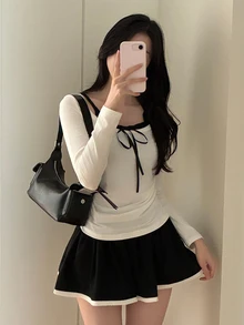 DAZY 女款拼接撞色 2 合 1 修身長袖掛脖抓褶休閒度假韓風春夏秋 T-shirt 上衣 - 白色 - 查看 7