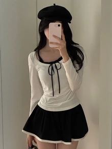 DAZY 女款拼接撞色 2 合 1 修身長袖掛脖抓褶休閒度假韓風春夏秋 T-shirt 上衣 - 白色 - 查看 9