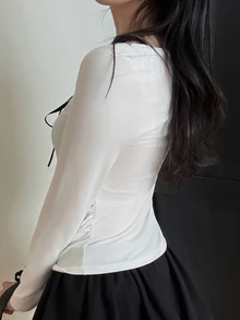 DAZY 女款拼接撞色 2 合 1 修身長袖掛脖抓褶休閒度假韓風春夏秋 T-shirt 上衣 - 白色 - 查看 10