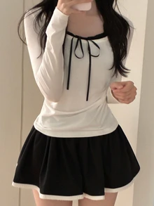 DAZY 女款拼接撞色 2 合 1 修身長袖掛脖抓褶休閒度假韓風春夏秋 T-shirt 上衣 - 白色 - 查看 1