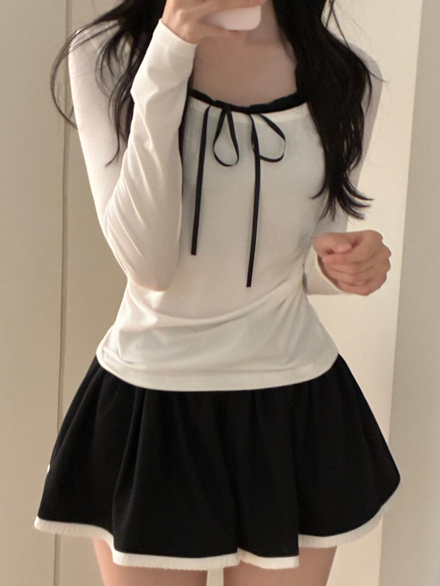DAZY 女款拼接撞色 2 合 1 修身長袖掛脖抓褶休閒度假韓風春夏秋 T-shirt 上衣 - 白色 - 查看 1