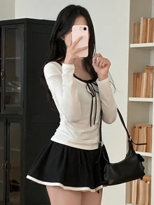 DAZY 女款拼接撞色 2 合 1 修身長袖掛脖抓褶休閒度假韓風春夏秋 T-shirt 上衣 - 白色 - 查看 5