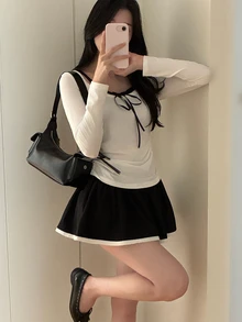 DAZY 女款拼接撞色 2 合 1 修身長袖掛脖抓褶休閒度假韓風春夏秋 T-shirt 上衣 - 白色 - 查看 6