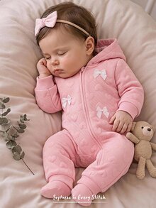 Cozy Pixies Baby Girl Baby Girl Newborn Baby Girl Knitted Textured Heart Pattern Contrast Color Bow Soft Hooded Long Sleeve Romper - Pink - View 1