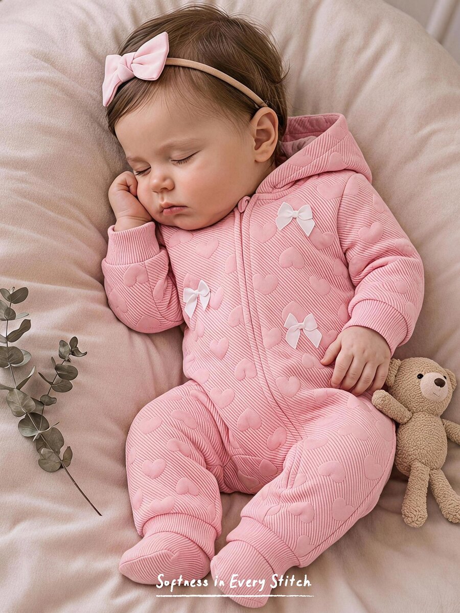 Cozy Pixies Baby Girl Baby Girl Newborn Baby Girl Knitted Textured Heart Pattern Contrast Color Bow Soft Hooded Long Sleeve Romper - Pink - View 1