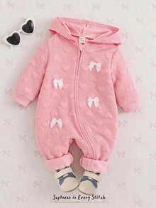 Cozy Pixies Baby Girl Baby Girl Newborn Baby Girl Knitted Textured Heart Pattern Contrast Color Bow Soft Hooded Long Sleeve Romper - Pink - View 2