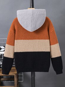 SHEIN 兒童青少年男孩休閒復古拼色寬鬆針織連帽衛衣，適合秋冬、學校、家庭聚會、度假、派對，秋季穿搭、冬季穿搭，男孩套裝 - 彩色 - 查看 5