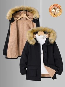 SHEIN 兒童青少年男孩休閒保暖內裡加厚黑色連帽夾克，填充外套，適合秋冬、學校、家庭聚會、度假、派對的冬季穿搭 - 黑色 - 查看 3