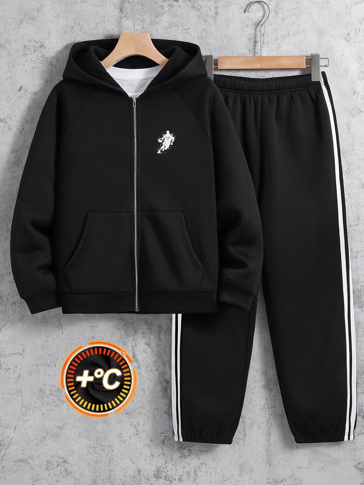 SHEIN Kids Tween Boy Casual Sports Loose Fit Outdoor Full Zip Hooded Long Sleeve Sweatshirt Jacket And Jogger Pants 2-Piece Set, Suitable For Autumn/Winter, Casual Sports Style - Black - View 5