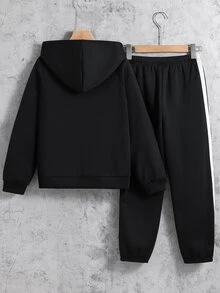 SHEIN 兒童青少年男孩休閒運動寬鬆版型戶外全拉鍊連帽長袖運動外套與慢跑長褲2件套，適合秋冬，休閒運動風 - 黑色 - 查看 3