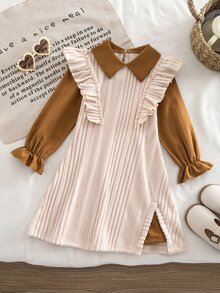 SHEIN 女童春秋韓系2合1長袖洋裝，復古翻領棕色泡泡袖洋裝，側開衩設計，溫柔精緻富家千金風，適合日常上學、戶外拍照、假期購物、生日派對、旅遊打卡、休閒出遊等 - 彩色 - 查看 6