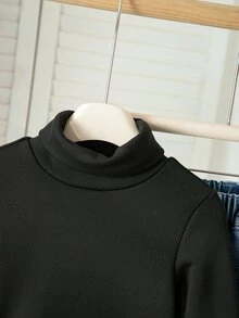 SHEIN 女童羅紋針織高領開學季柔軟長袖套頭上衣冬季上衣 - 黑色 - 查看 4