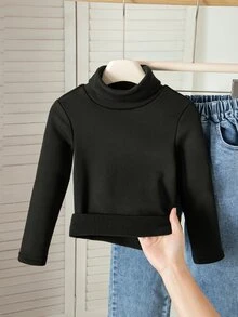 SHEIN 女童羅紋針織高領開學季柔軟長袖套頭上衣冬季上衣 - 黑色 - 查看 6