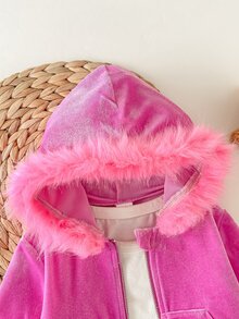 SHEIN 女童嬰兒女孩優雅時尚舒適派對街頭粉色天鵝絨毛絨連帽運動外套長褲兩件套，外套附粉色人造毛拼接，運動褲套裝，可愛休閒復古秋冬款 - 彩色 - 查看 4