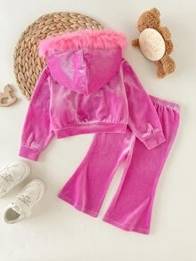 SHEIN 女童嬰兒女孩優雅時尚舒適派對街頭粉色天鵝絨毛絨連帽運動外套長褲兩件套，外套附粉色人造毛拼接，運動褲套裝，可愛休閒復古秋冬款 - 彩色 - 查看 3