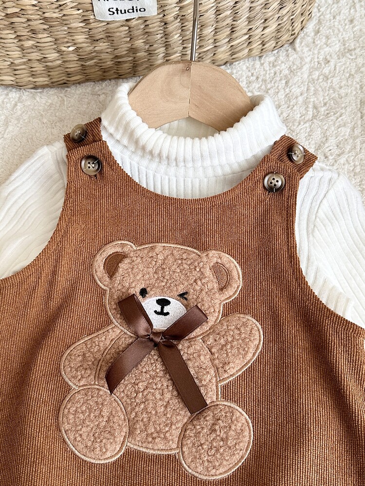 LMoss Kids Baby Girl Baby Girl Cute Versatile Casual Cartoon Bear Print Dress & High Neck Knit Pullover Top 2pcs Set - Multicolor - View 3