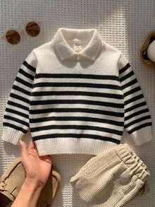 SHEIN 中性嬰兒男/女童、幼兒秋冬加厚休閒可愛黑白條紋圓領針織毛衣、嬰兒毛衣、抓絨、加厚 - 黑與白 - 查看 8