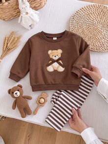 SHEIN Baby Girls Cute Casual Knit Cartoon Bear Pattern Sweatshirt And Elastic Waist Long Pants Set - Brown - View 1